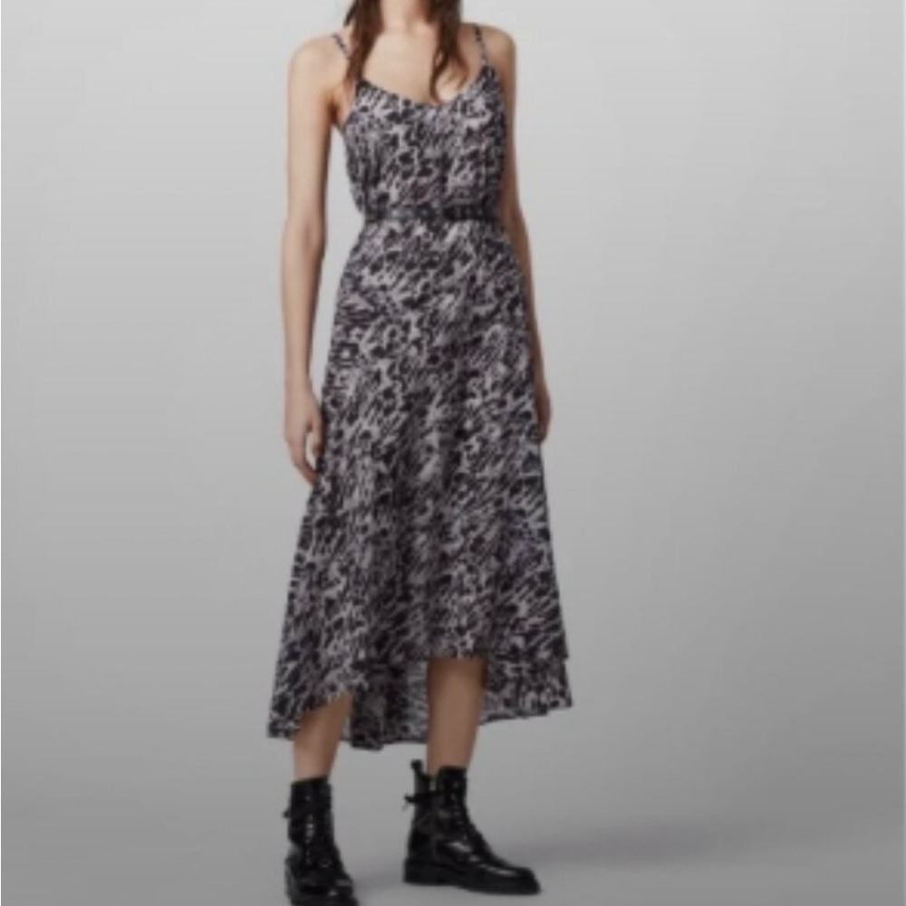 NWT ALL Saints Essie Ambient Dress Grey Leopard Print Slip Dress . Size XS